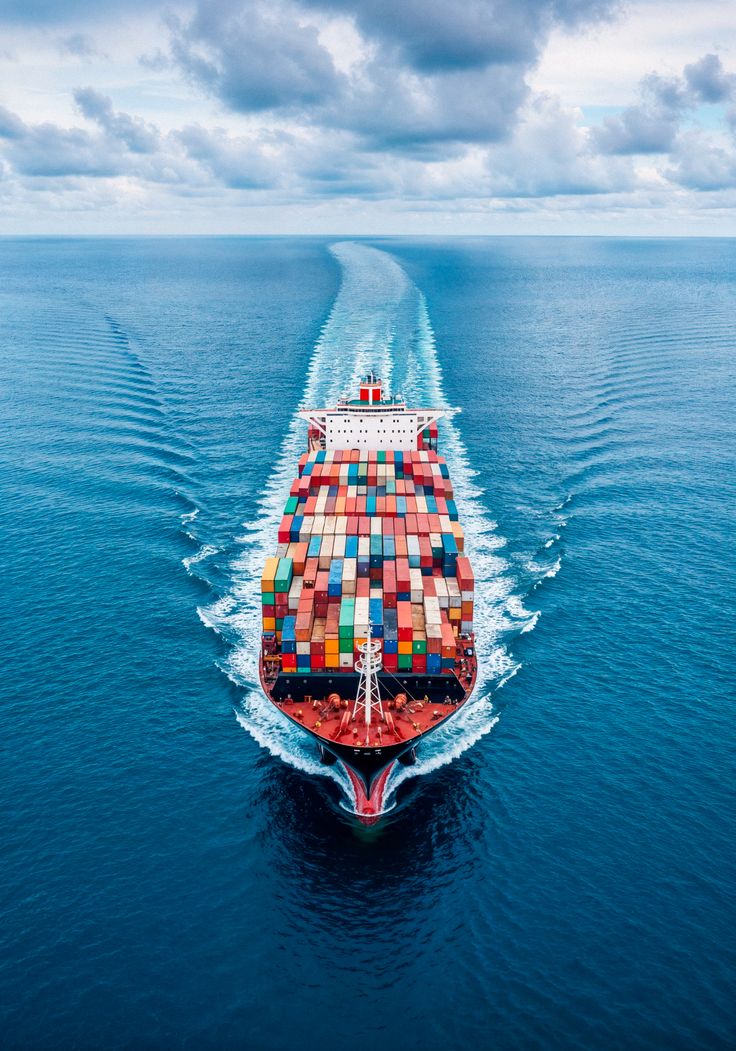 Container ship on open ocean